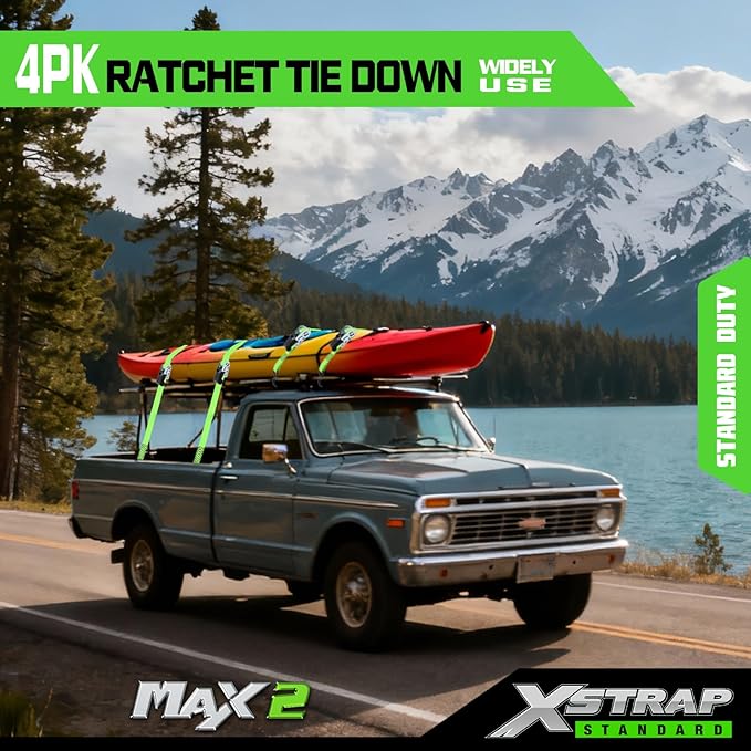 XSTRAP STANDARD Ratchet Tie Down Straps 4Pk 15Ft 1500Lb Break Strength, Cargo Straps for Moving Appliances, Lawn Equipment, Motorcycle, Includes 2 Bungee Cord