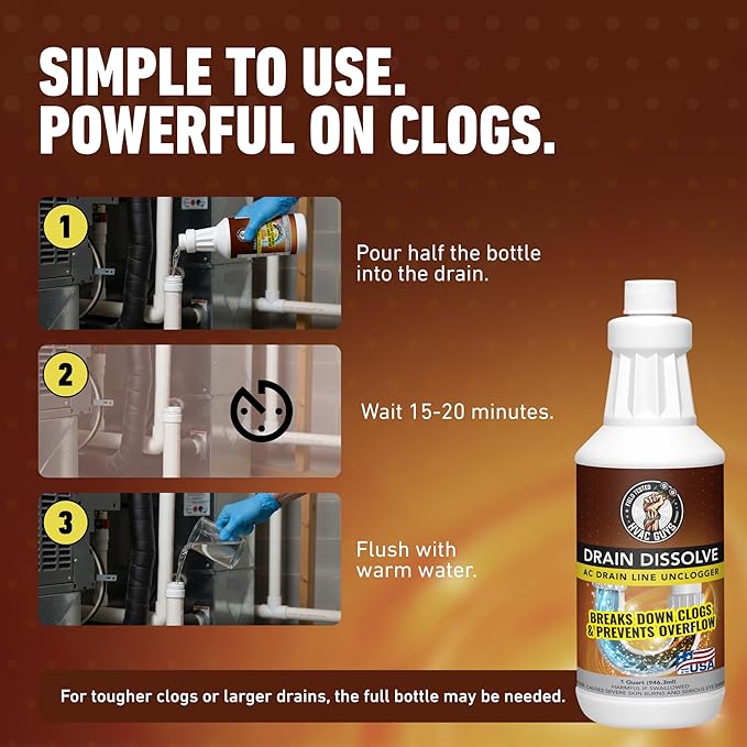 Drain Dissolve | AC Drain Line Cleaner & Unclogger | Heat-Activated Alkaline Gel Clears Hair, Grease, Gunk, 1 Quart (946.3 ml)