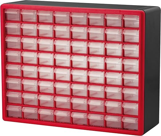 Akro-Mils 64-Drawer Plastic Drawer Storage Cabinet for Garage Organization, Bead Organizer, Building Bricks Storage, Teacher Toolbox, Makeup Organizer, 20" W x 6" D x 16" H, 10164 Red