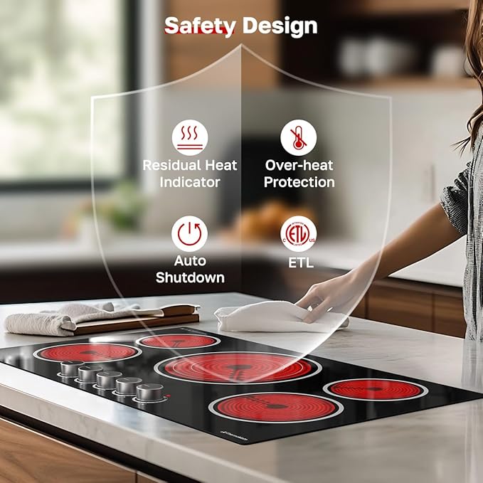 ThermoMate 36 Inch Electric Cooktop, 5 Burners Knob Control Built-in Ceramic Cooktop, 30" Radiant Electric Stove Top of 9000W with 9 Heat Levels, Hot Surface Indicator, 220-240v, Hard Wired