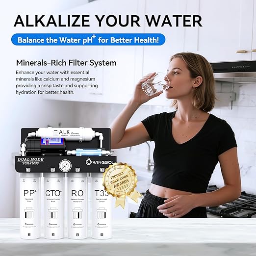 WINGSOL Dual Outlet Reverse Osmosis Water Filter, Mineral Alkaline UV 0 TDS Tankless RO System, Remineralize pH+ 12-Layer Filtration Under Sink, NSF/ANSI 42&53&58 Certified, Plug-in Required