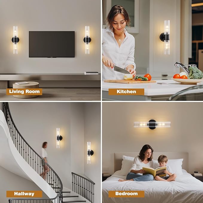 Bathroom Light Fixtures 2-Light, Modern Vanity Light for Bathroom, Wall Sconce, Bath Light with Glass Rods Shades for Mirror Bedroom Hallway (Black)