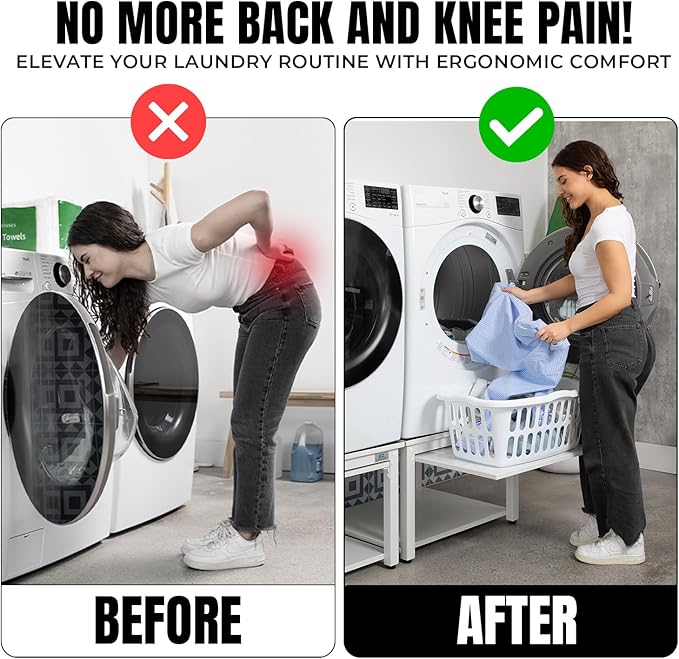 Washer and Dryer Pedestals with Pullout-Shelf - 29" W, 18" H, White Steel Universal Fit with Major Brands | Laundry Pedestal with Drain Pan & Hose | Washer Stand for Back Pain Relief, 800 lbs Capacity