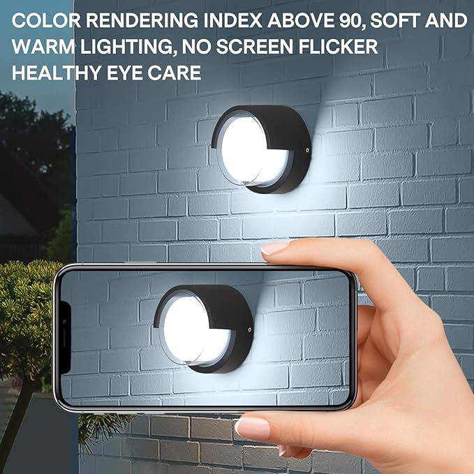 Modern Outdoor Wall Sconces - 2 Pack Minimalist Style Waterproof Wall Mount Lights - 6500K Black Cold Lights - Circular Aluminum