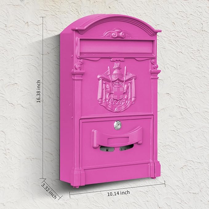 Wall Mount Mailboxes, Rust Resistant Locking Vintage Mailbox for House, Galvanized Steel Outside mailboxes with Key Locks, Barbie Pink