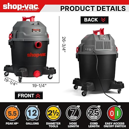 Shop-Vac 5430098 Ultra Quiet Wet/Dry Vacuum, 12 Gallon, 5.5 HP Powerful Suction & Heavy Duty for Jobsite, Garage, Workshop & Home