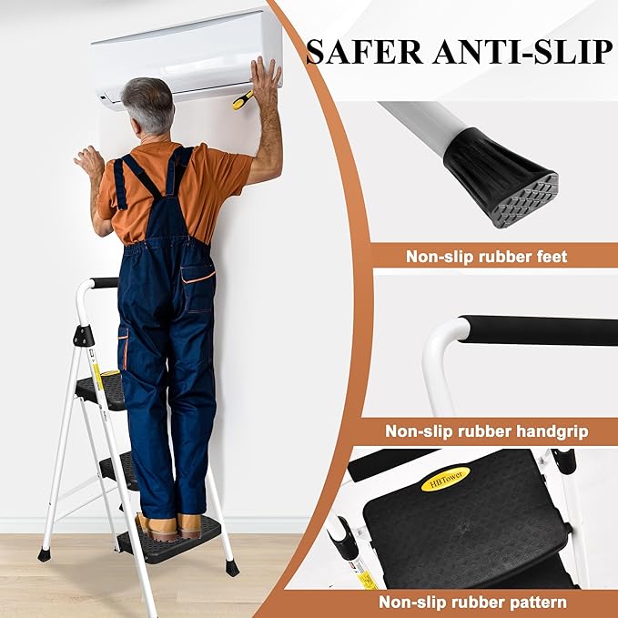 HBTower Step Ladder, Folding Step Stool with Wide Anti-Slip Pedal, Sturdy Steel Ladder, Convenient Handrail, Lightweight, Portable Steel Step Stool