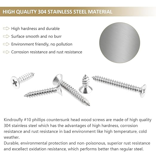 112 Pieces #10 x 1/2" 3/4" 1" 1-1/4" 1-1/2" Phillips Countersunk Head Self-Tapping Screws, Wood Screws Assortment Kit, 304 Stainless Steel