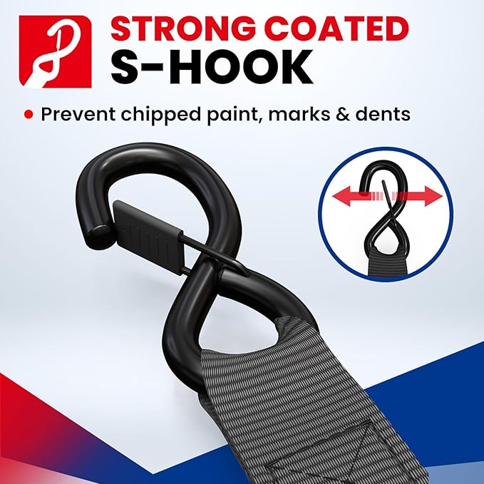 MOCA Black Heavy Duty Ratchet Tie Down Straps - 5200 Lbs Breaking Strength 1.6" x 8', Includes 4 Heavy Duty Ratchet Padded Handles & Coated Chromoly S Hooks & 4 Soft Loop Tie-Downs