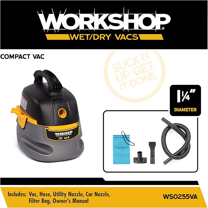 WORKSHOP Wet/Dry Vacs Shop Vacuum WS0255VA 2.5-Gallon 1.75 Peak HP Portable Wet Dry Vacuum Cleaner with Filter Bag, Hose and Attachments for Cleaning in the Home