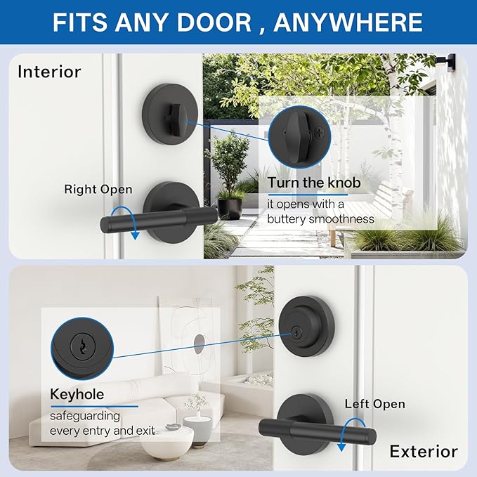 Amerdeco Front Door Lock Set with Double Cylinder Deadbolt, Black Exterior Entry Door Lever, Heavy Duty Entry Door Locksets for Left or Right Hand Exterior Door（Black 1 Pack）
