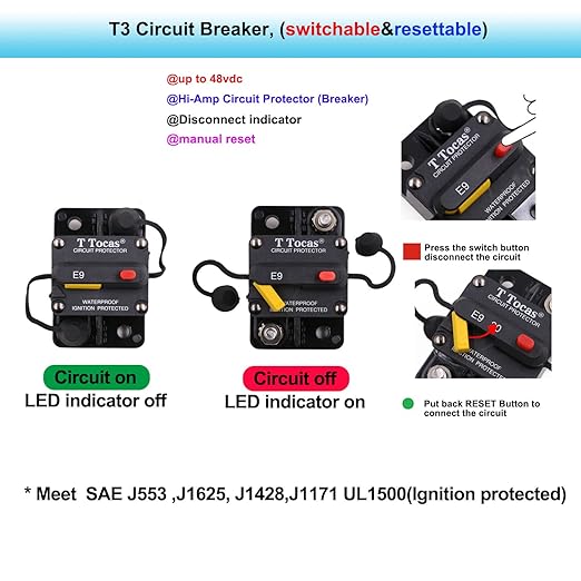 E9 100 Amp Circuit Breaker 12V - 72V DC with Manual Reset | UL Certified Waterproof IP67 | Surface Mount 100A Switch Button with LED Indication
