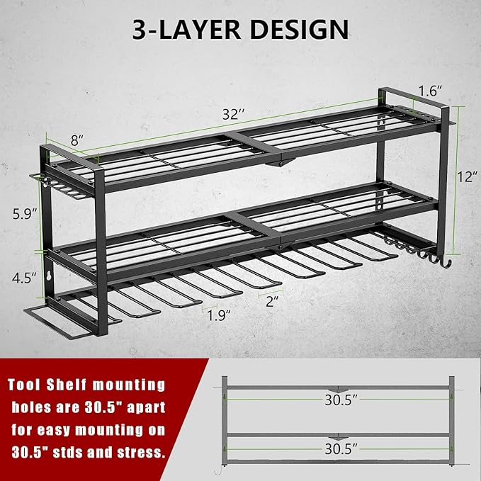 Power Tool Organizer Wall Mount, 3 Layer 8 Drill Holders Tool Storage Rack, Power Tool Shelf Loads 280lbs for Garage, Warehouse, Workshop, Gifts for Men Dad Husband Anniversary Fathers Day