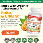 UDAF Certified Organic Ashwagandha with Black Pepper - 180 Capsules - 1965mg Extra Strength for Stress, Sleep, Mood, Thyroid, Focus, Hair, Vegan Pure Root Extract Powder - Men and Women Supplements