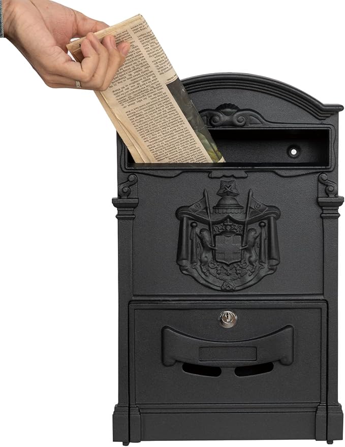 Wall Mount Mailboxes, Rust Resistant Locking Wall Mailbox for Outside, Galvanized Steel and Aluminum Stamping Process, Vintage Mailbox with Key Lock Large Capacity Outdoor Decoration, Black