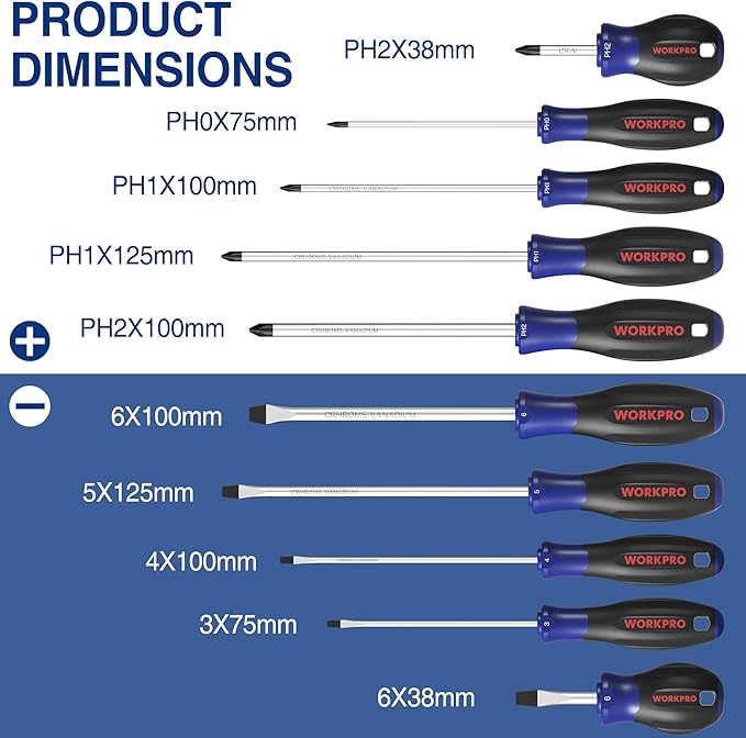 WORKPRO 10-Piece Magnetic Screwdriver Set with Pouch, Phillips, Slotted, Flat Head Screwdriver Include Magnetizer, Screwdriver with Non-Slip Grip, for Home Repair and DIY Projects