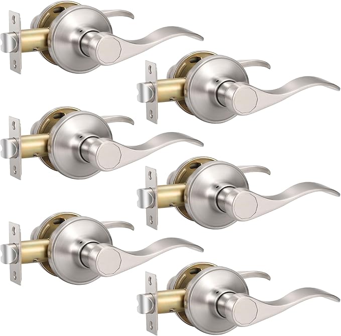 Knobonly 6 Pack Satin Nickel Pasage Door Levers Interior Door Handles for Hallyway andCloset Door Knobs Keyless Nickel Door Handles with Lock, Zinc Alloy Reversible for Right/Left