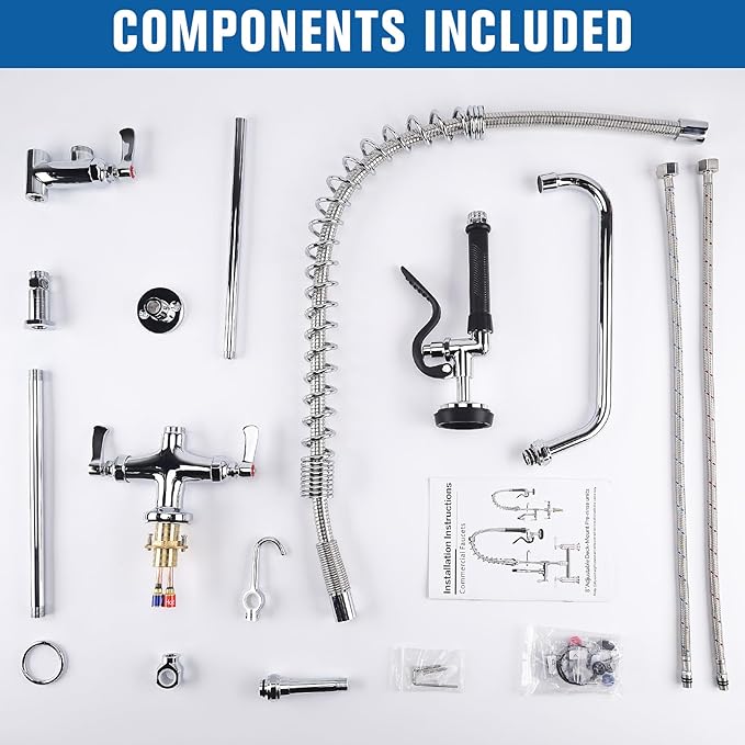 36" Height Commercial Sink Faucet Deck Mount with Pre-Rinse Sprayer, Commercial Kitchen Faucet with 10" Add-on Swing Spout Faucet & Spring Pull Down Sprayer, 8" Adjustable Center Kitchen Faucet