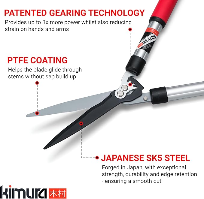 Kimura® Pro Heavy Duty Hedge Shears - Premium Garden Clippers with Patented Gearing Technology, Ultra Lightweight Aluminium Handles, Japanese SK5 Steel Blades, Ideal Shears for Gardening - 22" Trimmer
