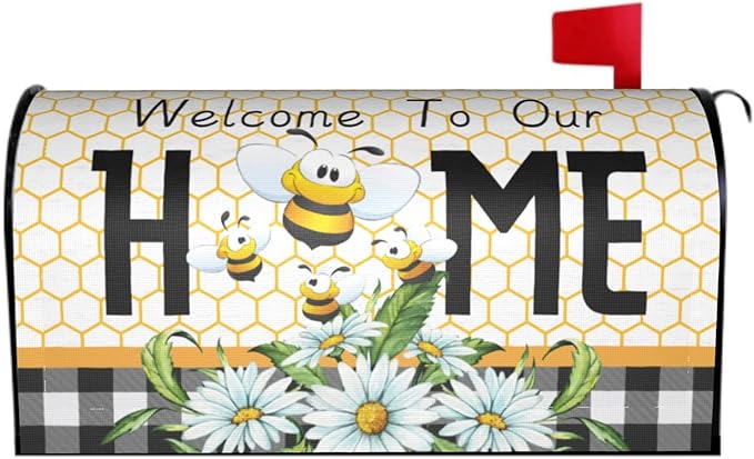 Summer Bee Buffalo Plaid Mailbox Cover Spring Daisy Floral Mailbox Cover Magnetic Standard Size 21" x 18" Farmhouse Rustic Welcome To Our Home Mail Box Covers Garden Yard Home Decor for Outdoor