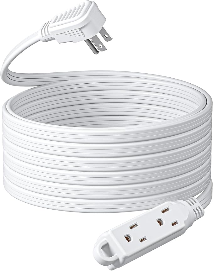 DEWENWILS 3 Outlet Extension Cord with Flat Plug, 25 FT 16/3 Awg Grounded Power Cable for Indoor Use, SPT-3 Cord, White, ETL Listed, 1 Pack