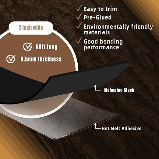 GSCIT Club Black Melamine Edge Banding, 2 inch x 50ft Edge Banding with Hot Melt Adhesive Pre-glued Cabinet Edge Banding Flexible Black Veneer Edging for Plywood