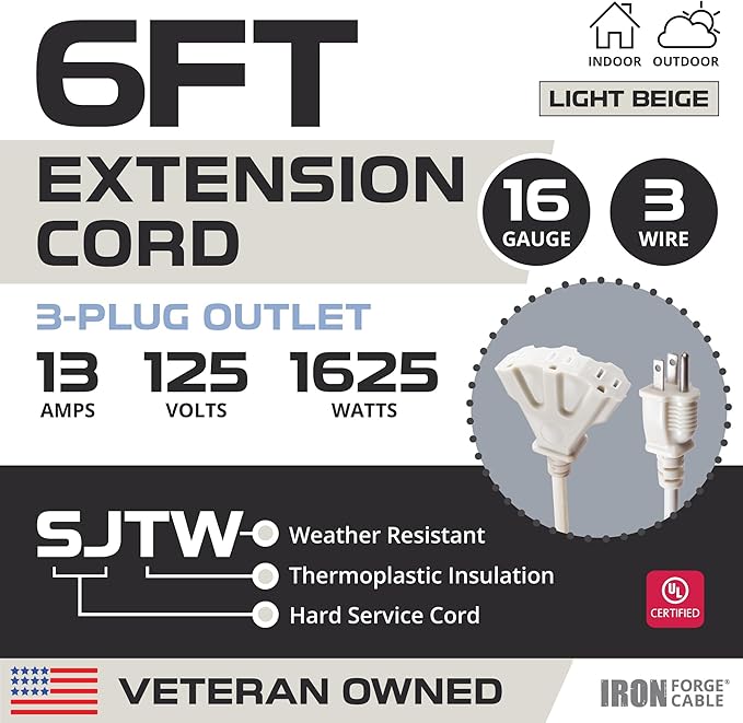 Iron Forge Cable Weatherproof 6 Ft Outdoor Extension Cord with 3 Outlets - 16/3 SJTW Heavy Duty Beige Extension Cord 3 Prong - 13 Amp Power Cable