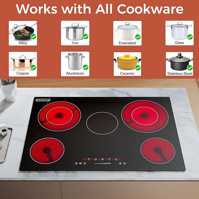 Empava 30 Inch Electric Cooktop 5 Radiant Burners with 2 Dual-Zone Elements & 100W Warmer, Touch Controls, Timer, Child Lock, Built-in Ceramic Glass, Hardwired, ETL Certified