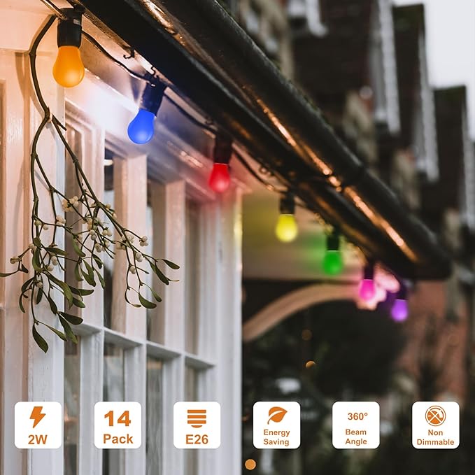 Colored Light Bulbs,2W E26 Color LED Lights Bulb,Small E26 Colored Bulbs for Outdoor Indoor,Multicolor,Red Yellow Blue Green Orange Pink Purple,for Halloween Party Christmas Bedroom,Pack of 14