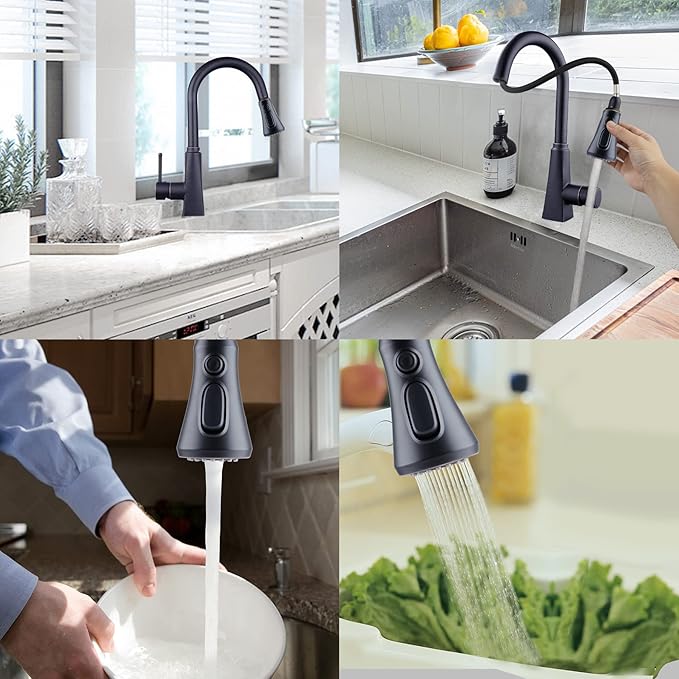 Hibbent Pull Down Spray Head, NSF/ANSI/CAN 61 & CUPC Certified 3-Function Spray Nozzle, 15 Adapters, Kitchen Sink Faucet Head Replacement Compatible with Moen, Delta, Kohler, Oil-Rubbed Bronze