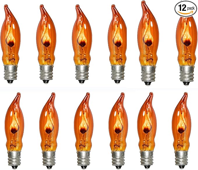 Abeja 12 Pack Flicker Light Bulb, C18 Orange Shaped Bulb, Flickering Lights for Halloween Party Christmas Decor, 1 W 120 V/ E12 Base Flame Candelabra Light Bulbs