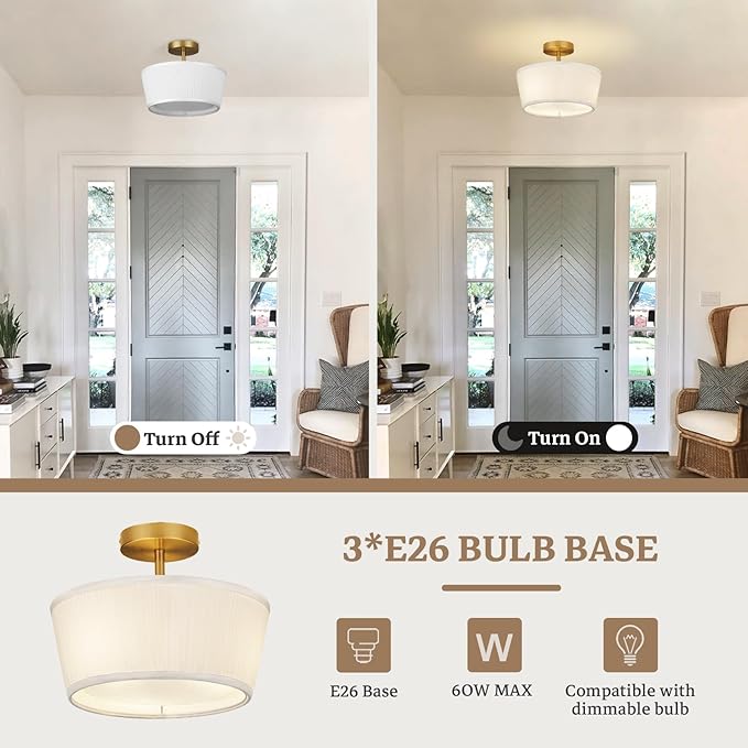 Gold Semi Flush Mount Ceiling Light Fixture,3-Light Ceiling Mount Drum Light Fixture with White Fabric Shade,12.6inch Modern Close to Ceiling Lamps for Living Room, Bedroom, Dining Room,Hallway