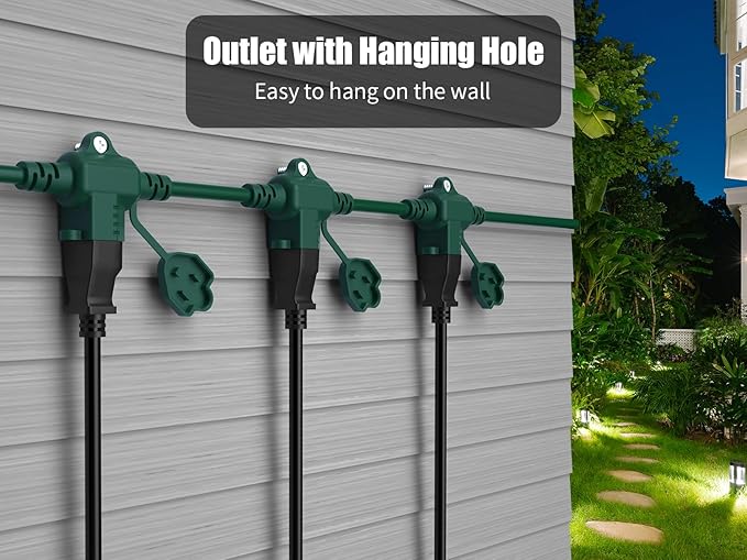 50Ft Outdoor Extension Cord Multiple Plugs- Evenly Spaced 6 Outlets Plugs with Safety Cover, 16/3 SJTW Green Outdoor Extension Cord for Landscape, Christmas Tree Lights, Holiday, ETL Listed