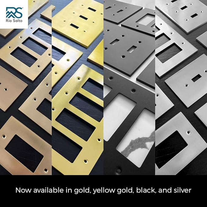 Rio Salto Modern Edge Metal Brass Gold Wall Outlet Cover or Light Switch Cover Rocker Decora Electrical Switch Covers Decorator Plug Wall Plate MIDSIZE Covers Gold (Rocker 1-Gang)