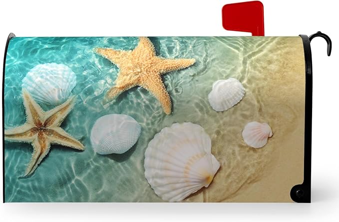 Summer Beach Mailbox Covers Magnetic Coastal Starfish Shells Mailbox Cover Standard Size 21 X 18 Inch Ocean Nautical Post Letter Box Wraps for Outdoor Garden Decoration