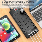 18 Outlets Surge Protector Power Strip - 6 Feet Flat Plug Heavy Duty Extension Cord with 18 Widely Outlets and 4 USB Ports, 2100 Joules, Black, ETL Listed