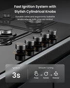 FOTILE GLG36501 36” Black Tempered Glass 5-Burner Gas Cooktop, Tri-Ring 18,000 BTUs Left Burner with Flame Failure Protection Removable Grates and Installation/LP Kit