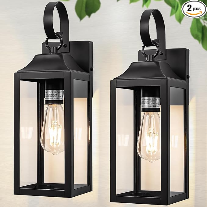 2 Pack Outdoor Light Fixtures Wall Mount, 15 Inch Black Exterior Wall Sconces Waterproof, Large Outside Lights for House, Modern Wall Lanterns Clear Glass