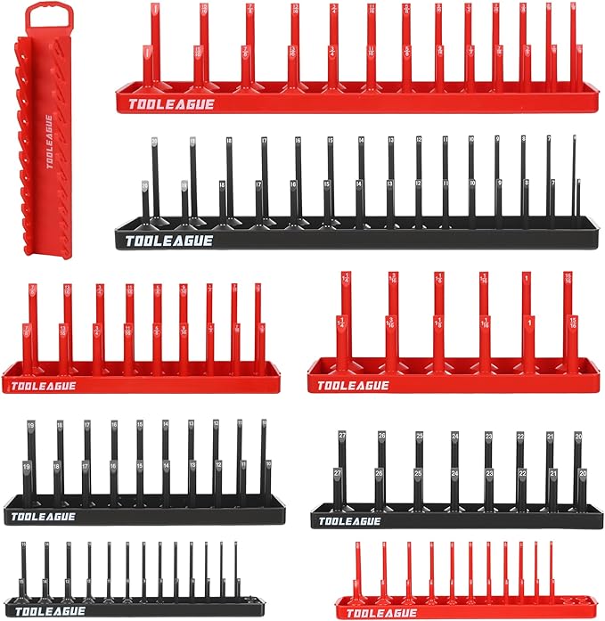 TOOLEAGUE 9Pcs Socket Organizer Tray and Magnetic Wrench Holder Set,Red SAE & Black Metric, 1/2", 1/4", 3/8" Socket Storage Trays for Tool Box Drawer