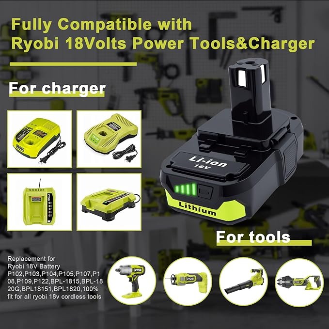 2 Packs 3.0Ah High Capacity Replacement for Ryobi 18v Battery P108 P104 P105 P102 P103 P122 P109 Li-ION Compatible with Ryobi 18V ONE+ System Cordless Power Tools and Charger