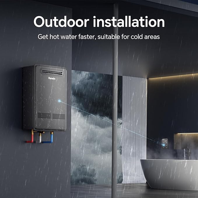 Ranein Natural Gas Tankless Water Heater, Outdoor Max 7.4 GPM, 190,000 BTU Instant Hot Water Heater
