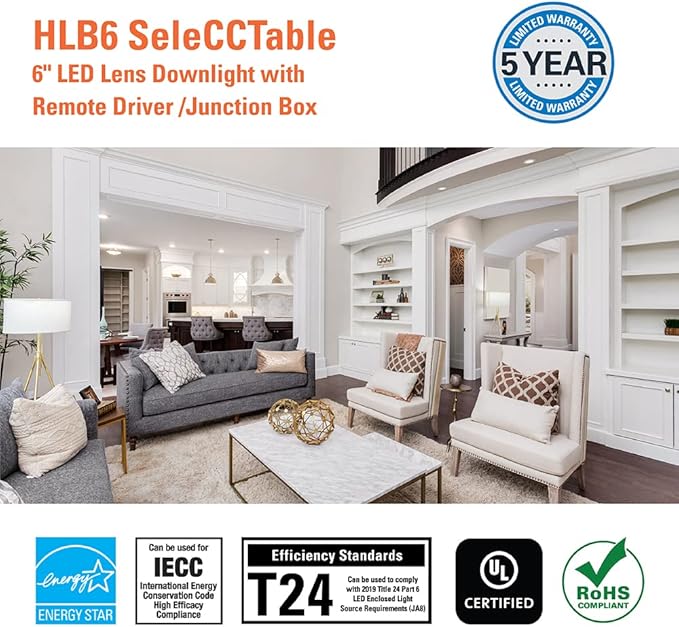 HALO HLB Recessed Lighting 6 Inch LED Thin Canless, Dimmable w/Selectable Color Temperatures - HLB6099FS1EMWR