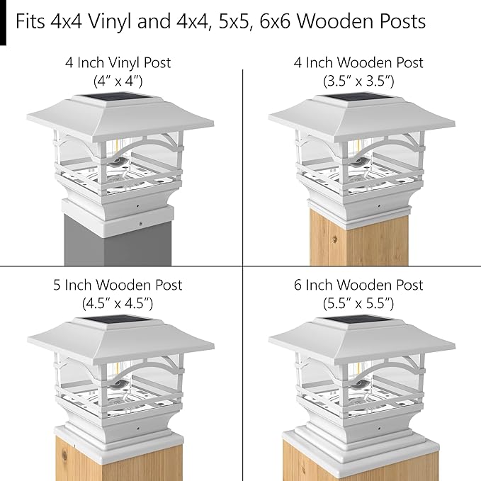 Davinci Lighting Edison Solar Outdoor Post Cap Lights - 4x4 5x5 6x6 - Bright LED Light for Fence Deck Garden or Patio Posts - Pearl White (2 Pack)