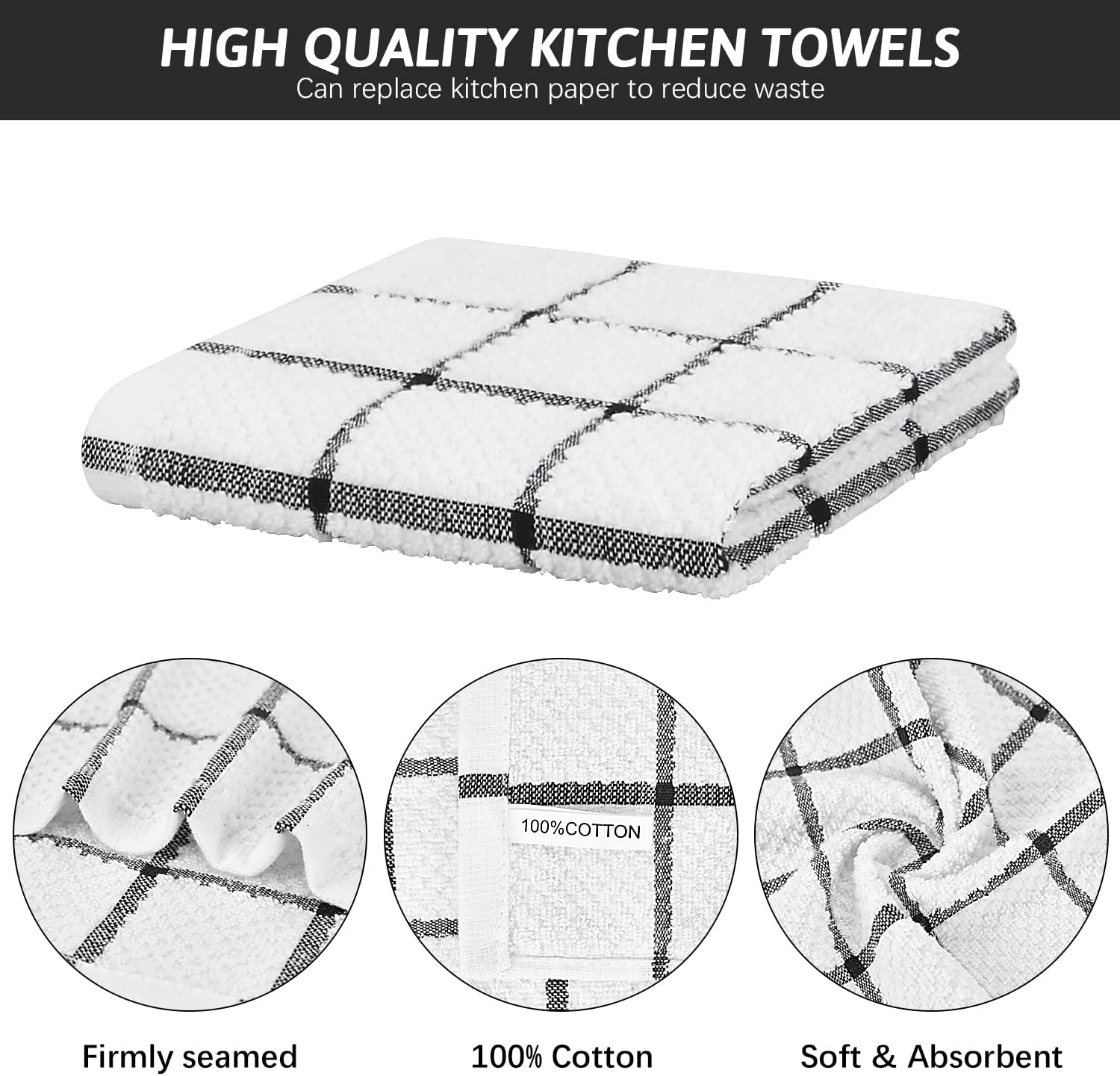 Nialnant 8 Pack Kitchen Dish Rags,100% Cotton Dish Cloths for Washing Dishes,Quick Drying Kitchen Towels,12x12 Inches,Black Plaid