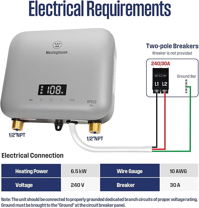 Westinghouse 6.5kW 240V Tankless Water Heater Electric,Wi-Fi Enabled, APOLO Mini-6.5k，Instant Hot Water Heater, Gray