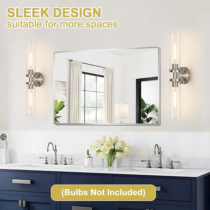 Wall Sconces Set of Two, Hardwired Brushed Nickel Bathroom Sconces Wall Lighting with Clear Glass, Modern Sconces Wall Decor Set of 2 Bathroom Light Fixtures for Mirror Hallway (Bulbs Not Included)