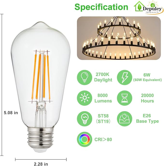 Depuley LED Light Bulbs E26: Chandelier Lights Bulb 6W Equivalent 60W - Edison Vintage Bulbs Warmlight 2700K ST58 Clear Glass Bulb 800 LM 80+CRI Non-Dimmable 24-Pack