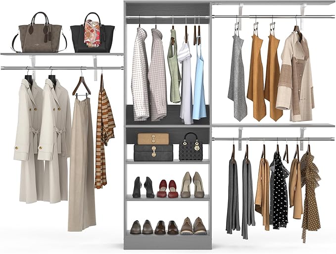 Armocity 96'' Closet System, 8FT Walk In Closet Organizer with 3 Shelving Towers, Heavy Duty Bedroom Wardrobe with 5 Shelves, Wall Mounted Clothes Rack (Can Be Cut To Fit), 96"L x 16"W x 75"H, Grey