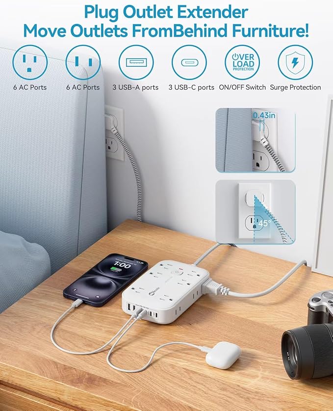 Flat Multi Plug Extender with 6 USB Wall Charger(3 USB C), 12 AC Outlets Wall Adapter, 3 ft Thin Extension Cord, Flat Plug Surge Protector Power Strip (2100J) for Home, Office, College Dorm. White