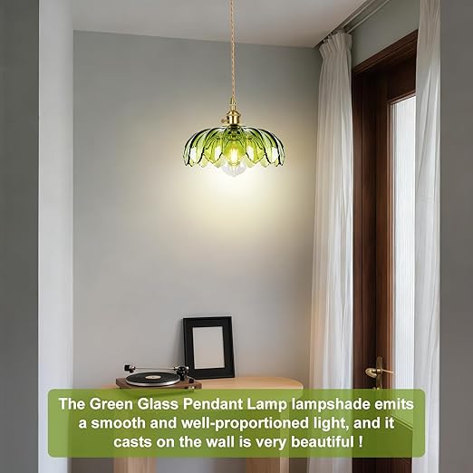 Plug in Pendant Light Fixture, Kylanle Green Glass Hanging Lamp with 14.7FT Cord On/Off Switch, Gold E26 Swag Light, Long Lasting Hanging Lamp Shade for Kitchen Island, Bedroom, Dining, Living Room